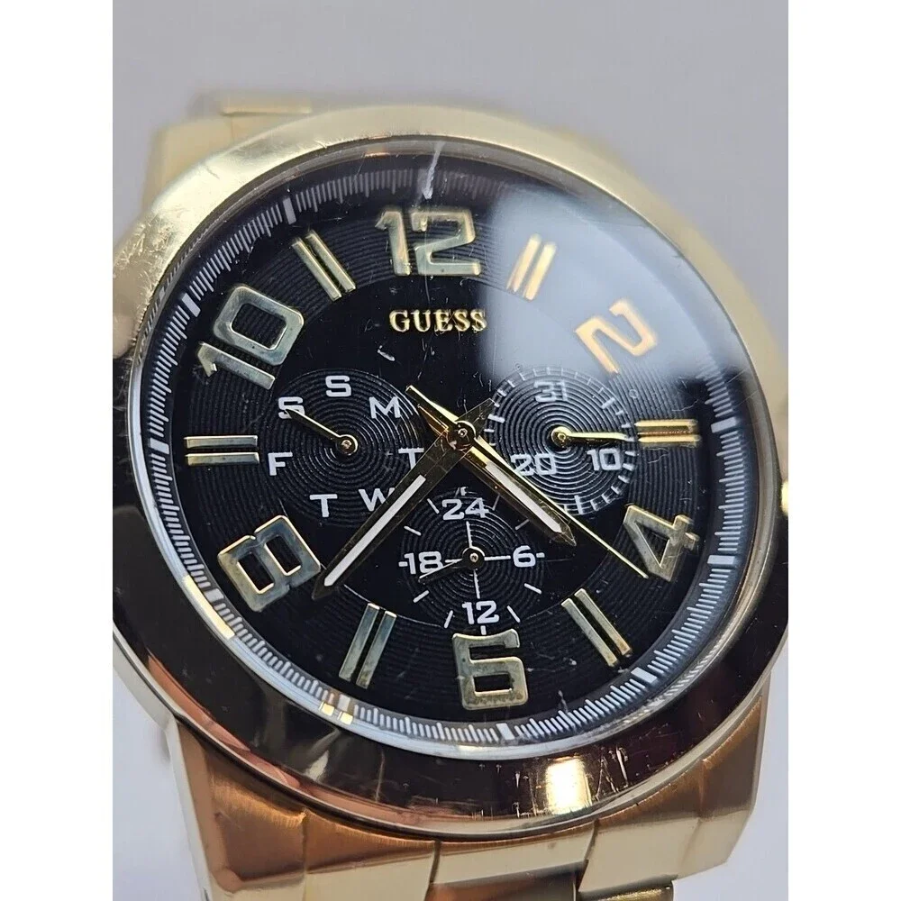 Mens Guess Steel Gold Tone 44mm Day Date Watch 100M Quartz New Battery Classic